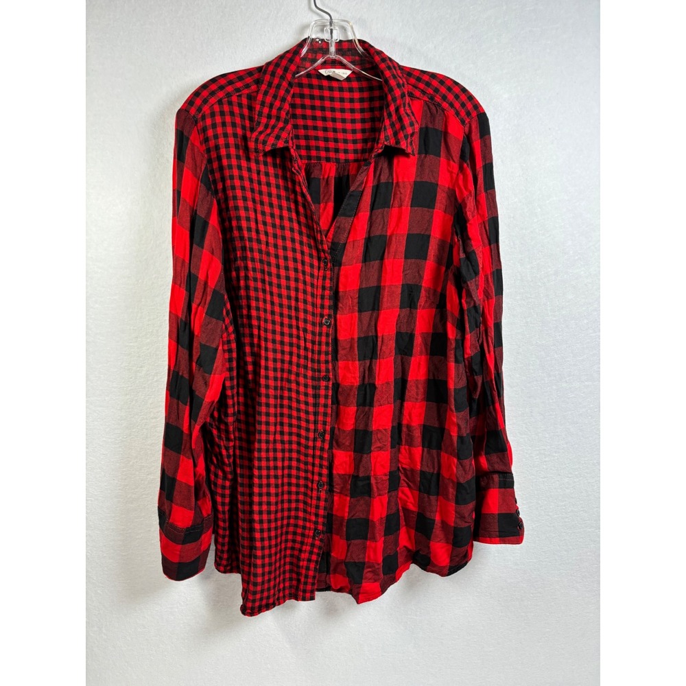 Cato Plaid Shirt Womens 18/20W Red Black Rayon Mixed Buffalo Check Button Down